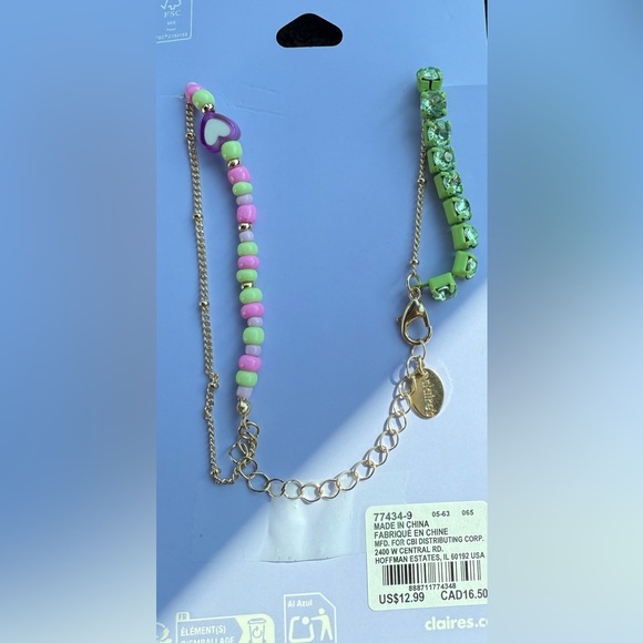 Claire's Green Pink Purple Heart Beads Faux Rhinestone Necklace, Gold-tone Chain - Picture 6 of 8